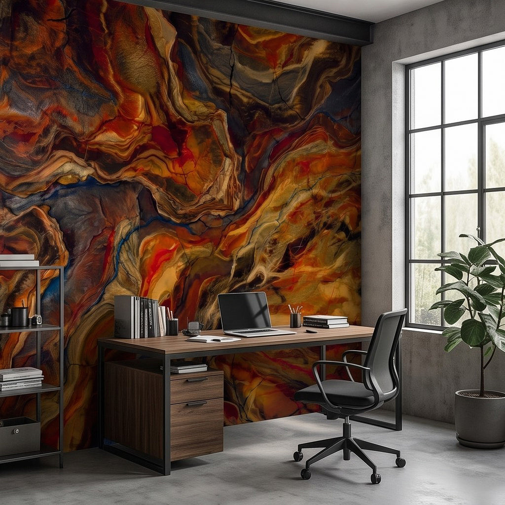 Close view of swirling marbled wall mural in orange, rust, gold, cream, and navy.