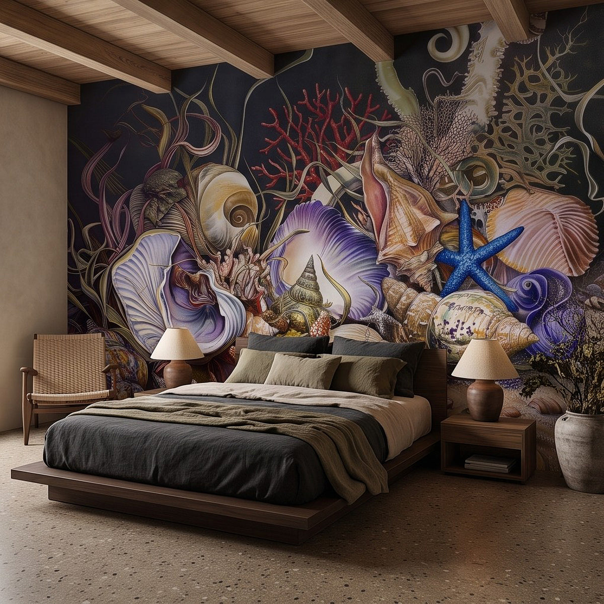 Ocean shell and starfish wall mural on bedroom wall behind bed and nightstands