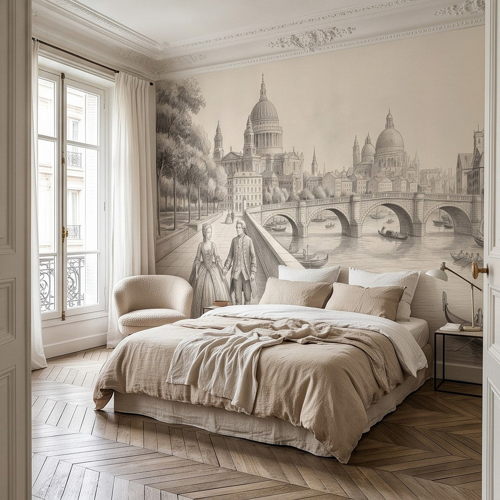 Pencil-sketch city wall mural with riverfront walkway, domes, and arched bridge