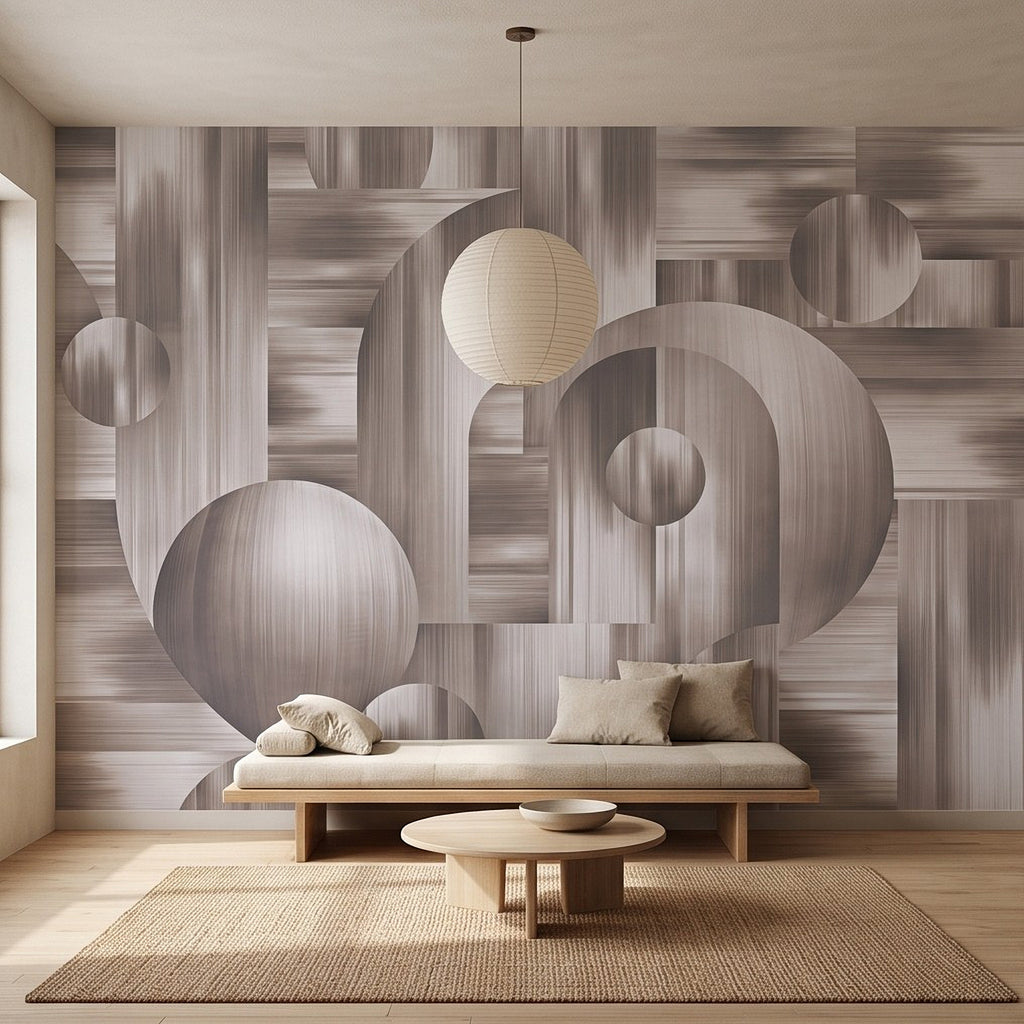 3D abstract circle wall mural with layered curved shapes in neutral tones