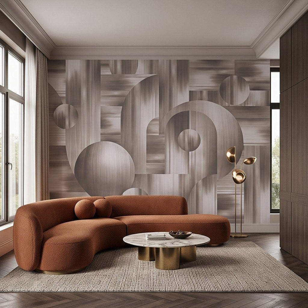 Textured wall mural with large rounded interlocking circles and curved stripes in neutral tones