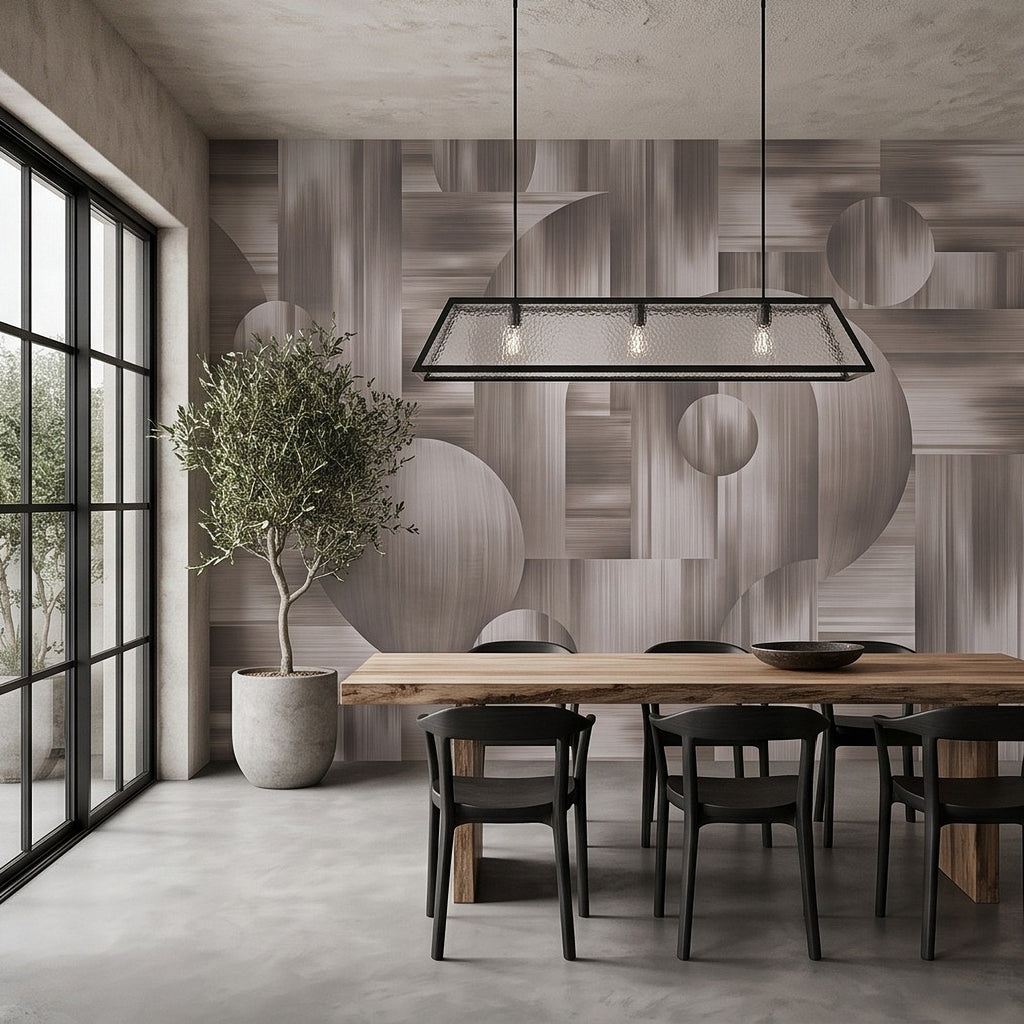 Textured geometric wall mural with repeating circle discs and curved panel shapes in gray