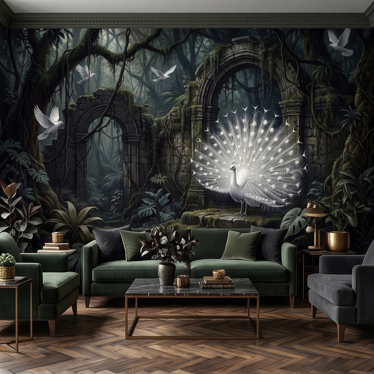 Dark foliage wall mural with glowing peacock fan, jungle ruins arches, and white birds