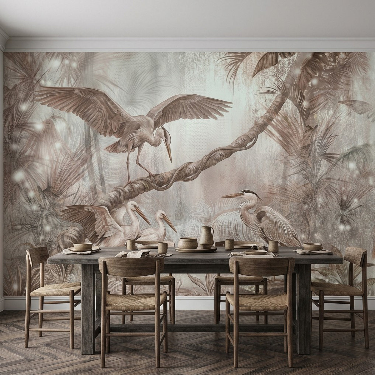 Wall mural with herons and storks across palms, sepia botanical design