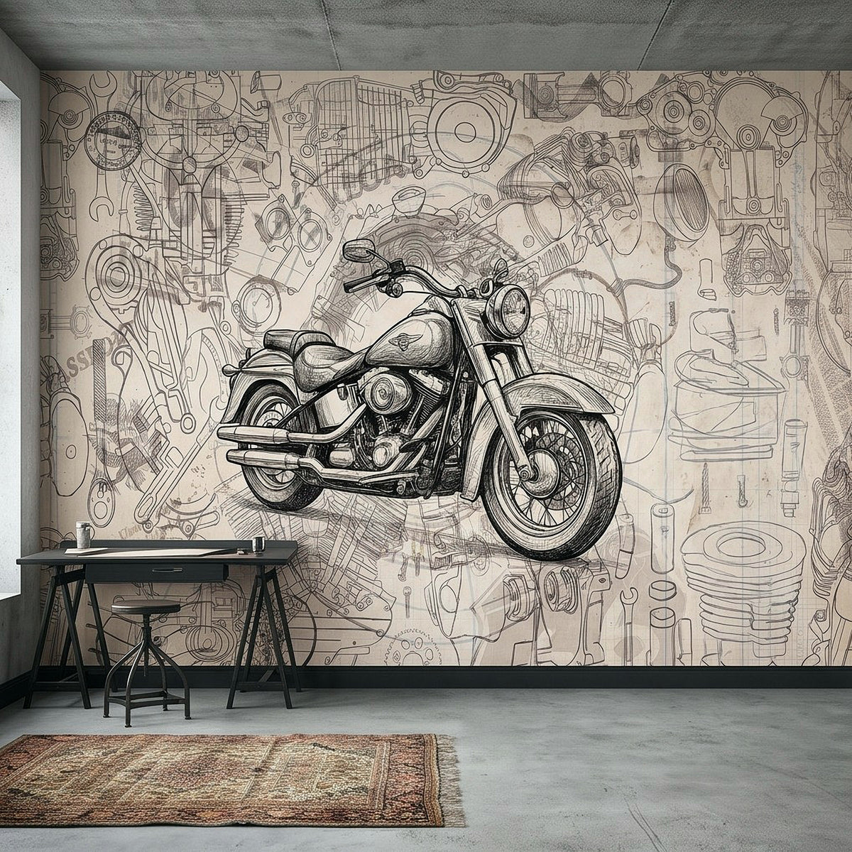 Side-view motorcycle sketch wall mural with extensive blueprint-style technical line art