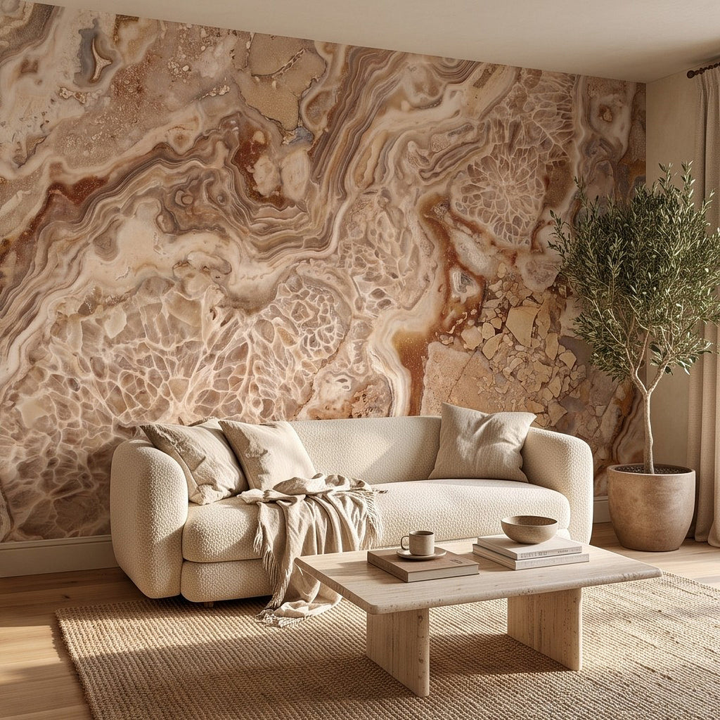 Beige, cream, and brown abstract agate-style marble wall mural with flowing mineral veining