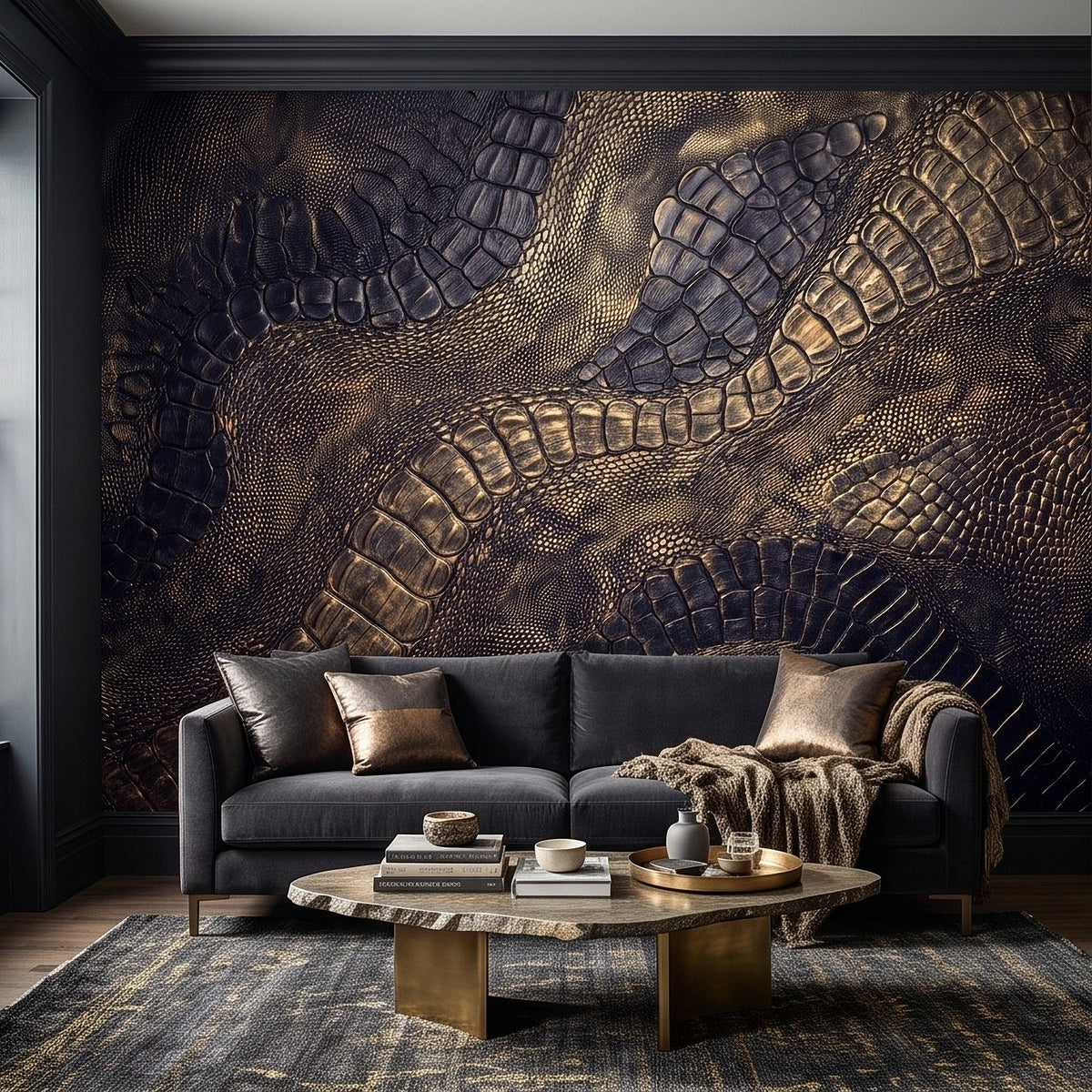 Gold and dark embossed reptile-scale wall mural with sinuous pattern