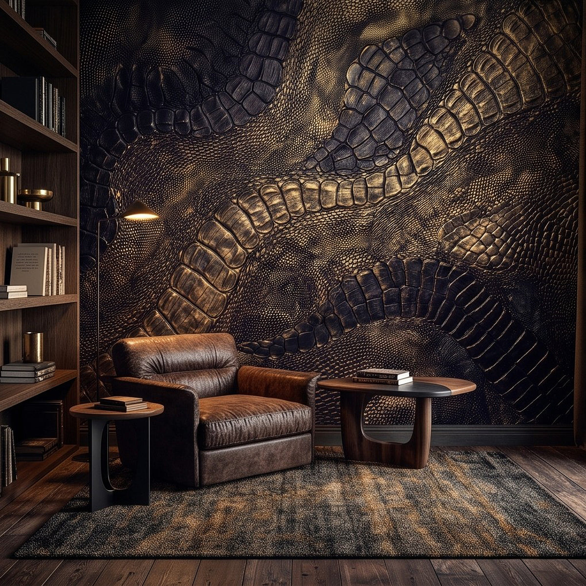 Crocodile-skin style wall mural with dark and gold raised scale texture