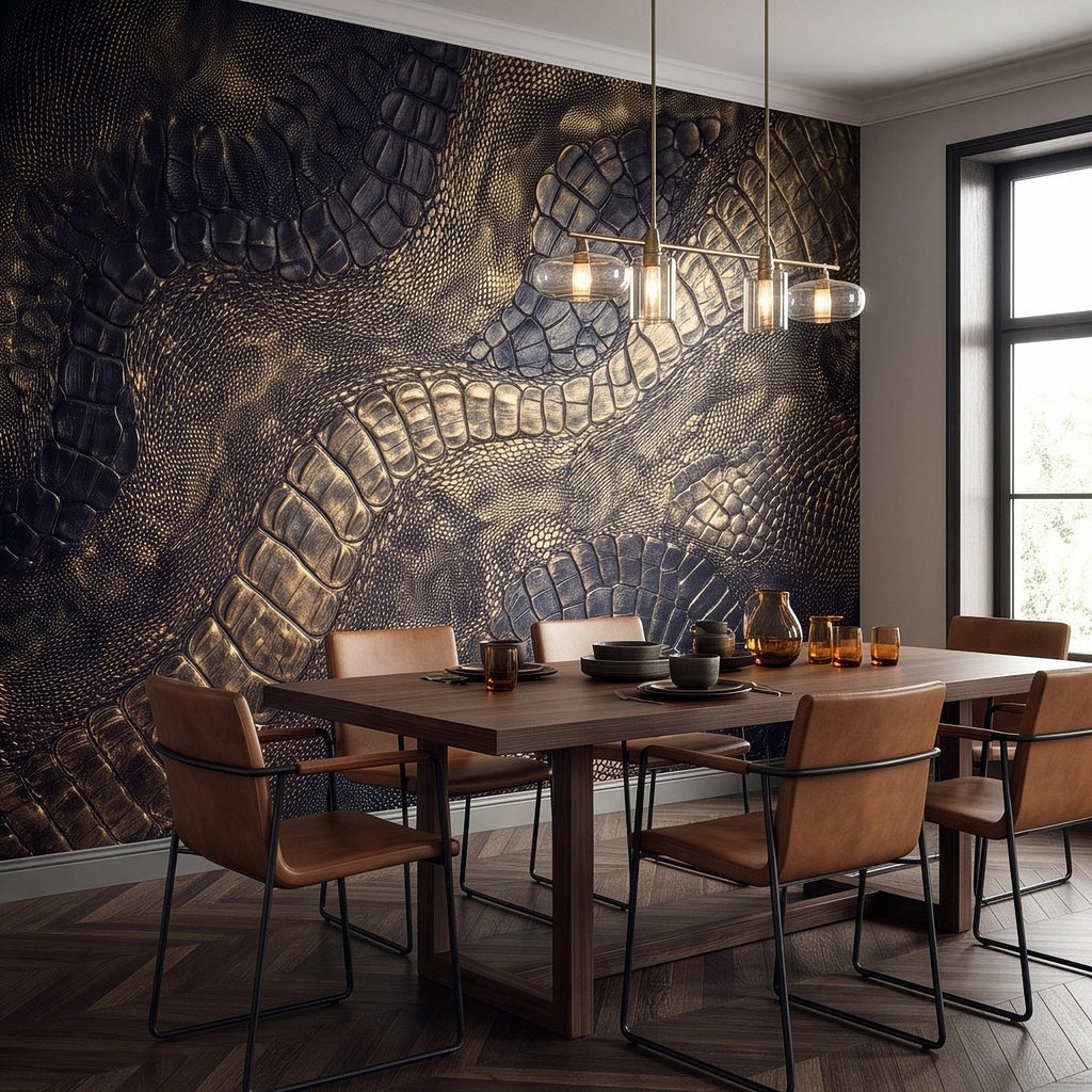 Crocodile-scale textured wall mural in dark blue and bronze, with arched scale grooves.