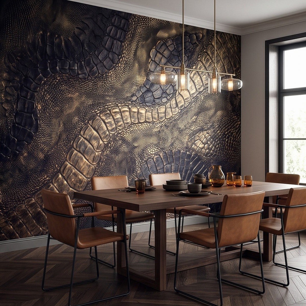 Crocodile-scale textured wall mural in dark blue and bronze, with arched scale grooves.