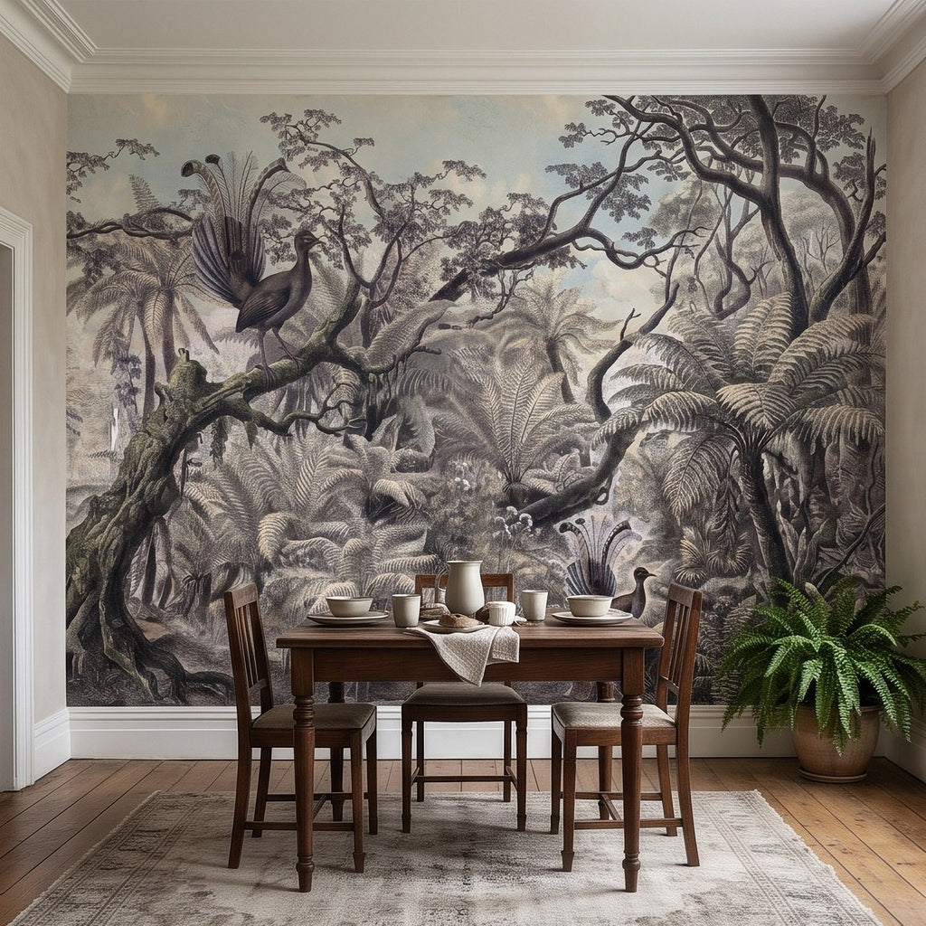 Jungle rainforest wall mural with engraved birds and ferns over dense plant texture