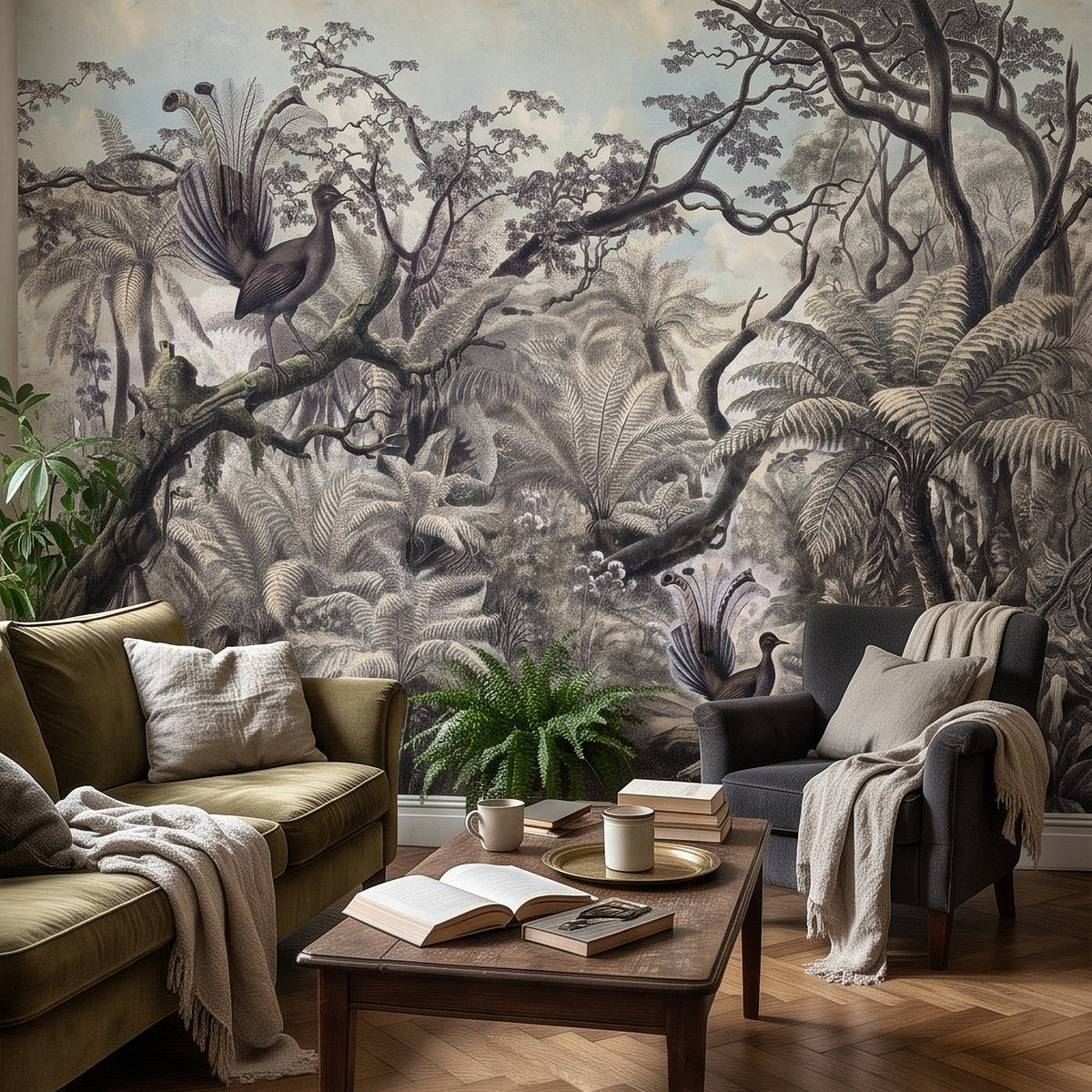 Rainforest wall mural with gray birds, dense fern leaves, and branching tree silhouettes