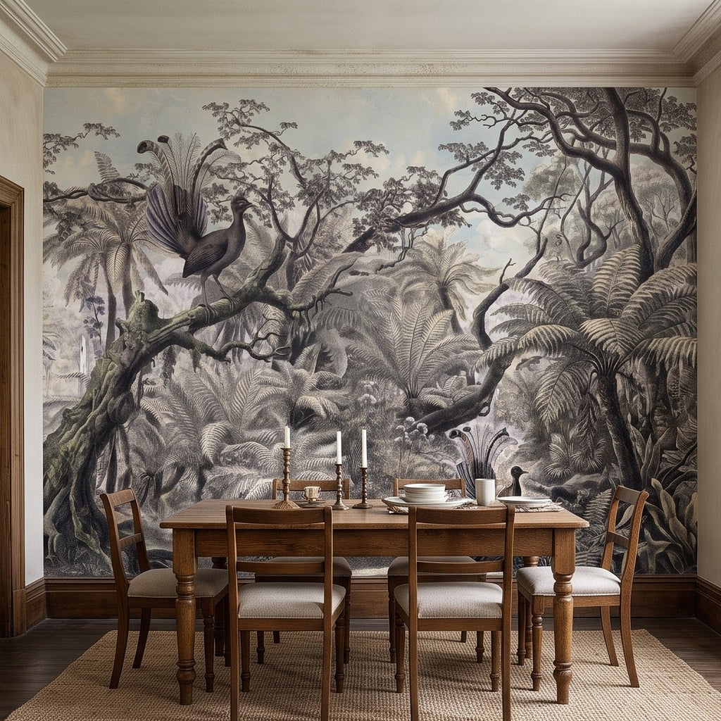 Jungle rainforest wall mural featuring engraved birds, ferns, and dense forest leaves