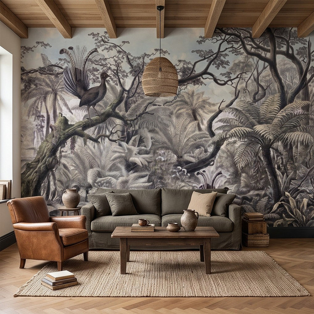 Jungle botanical wall mural with birds, sprawling tree limbs, and engraved ferns