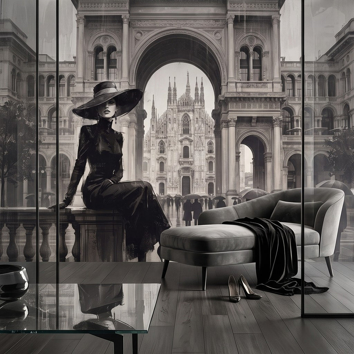 Black-and-white cathedral wall mural with seated woman, hat, and open-arch background