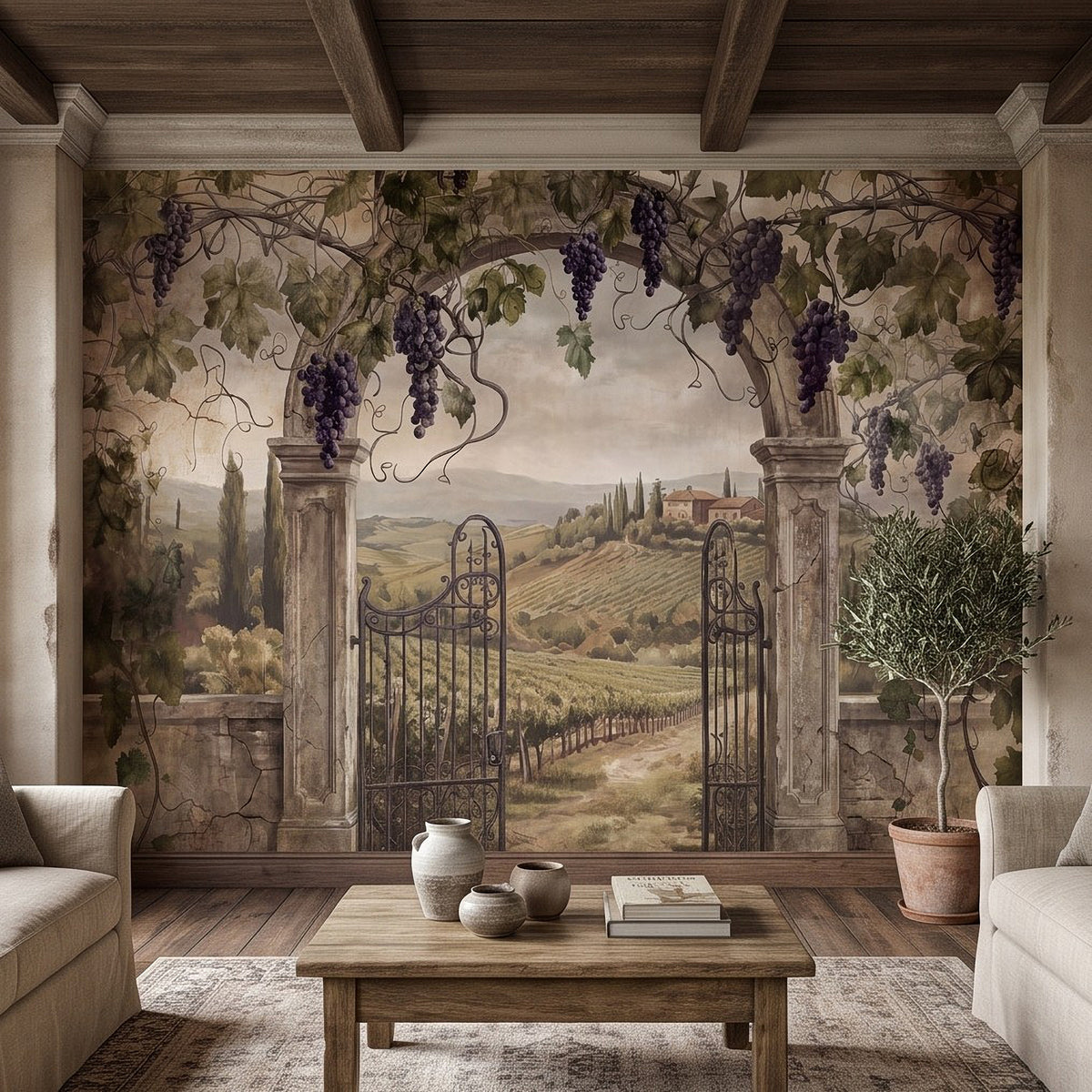 Tuscan vineyard grape-vine wall mural with iron gate, stone columns, and rolling hills.