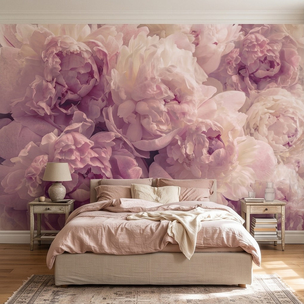 Peonies floral wall mural with soft pastel petals in blush pink and cream
