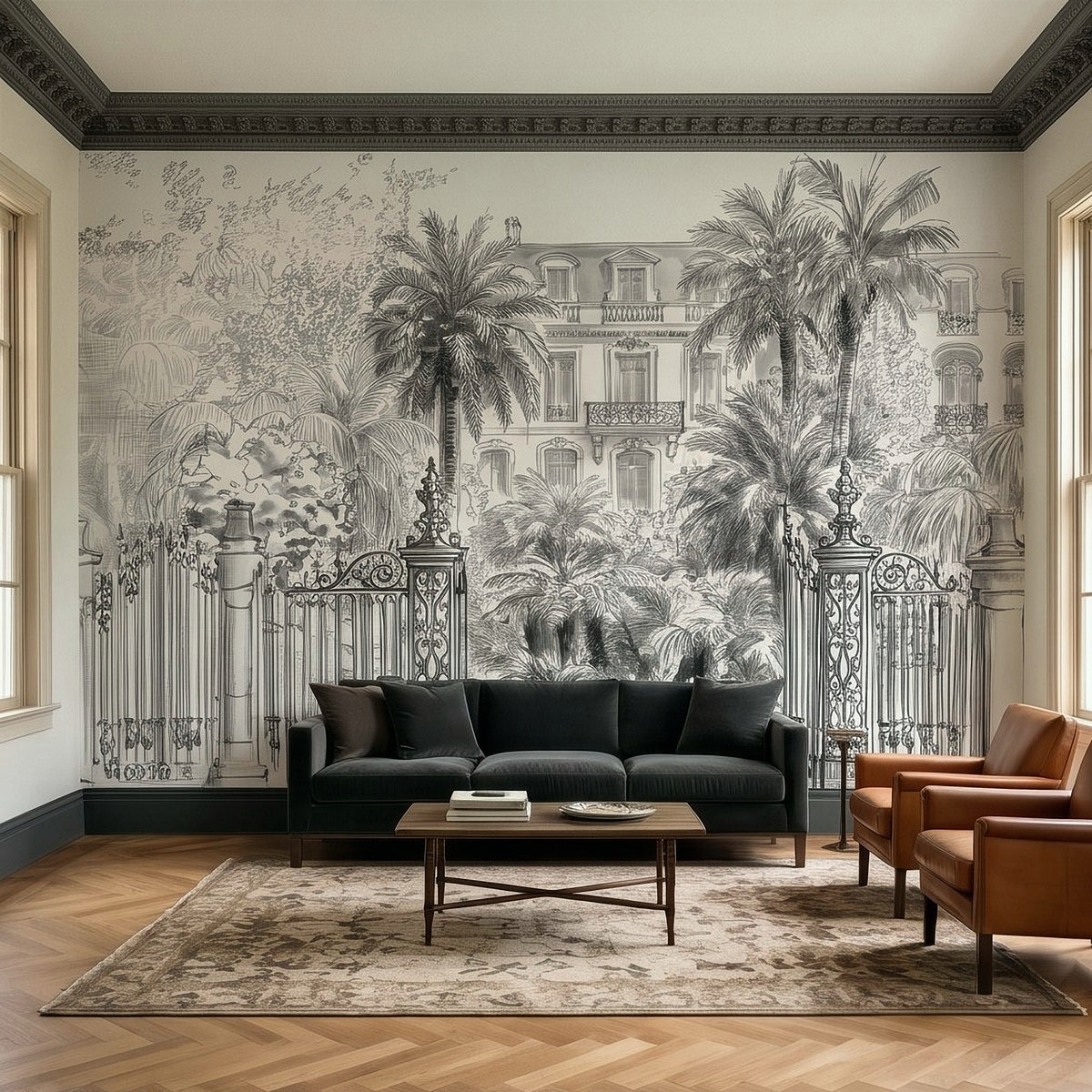 Black-and-white tropical wall mural with ornate iron gate, palm trees, and villa facade