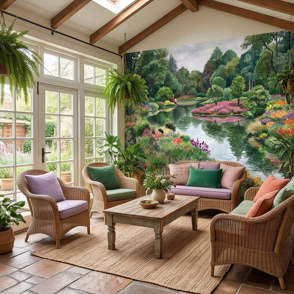 Colorful Flower Garden Pond Lush Green Trees Pink Purple Wildflowers Tranquil Lake Watercolor Landscape Wall Mural