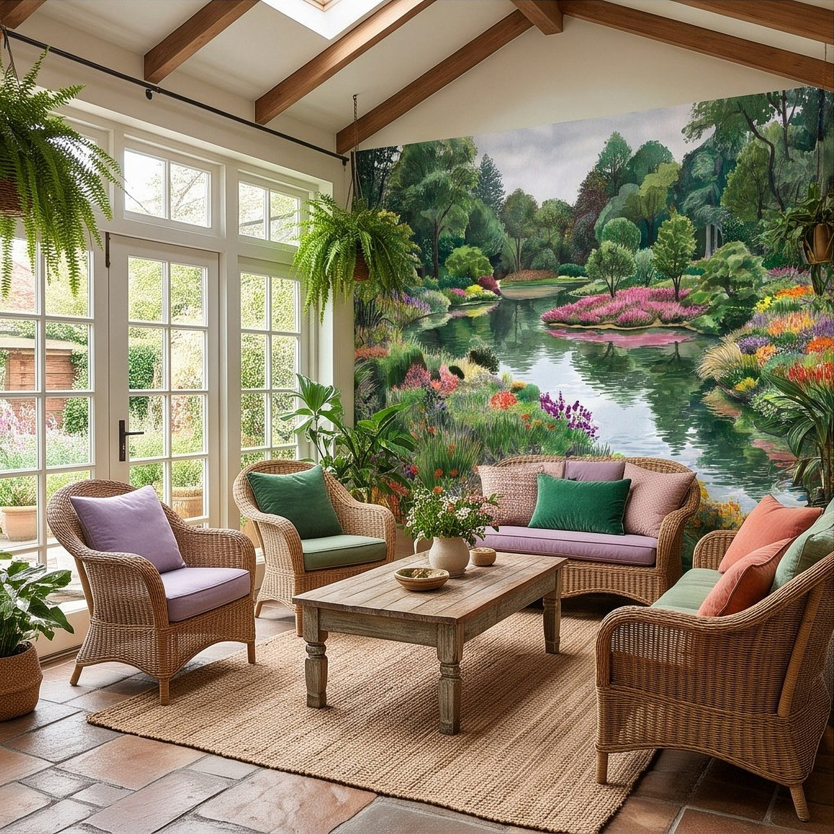 Colorful Flower Garden Pond Lush Green Trees Pink Purple Wildflowers Tranquil Lake Watercolor Landscape Wall Mural