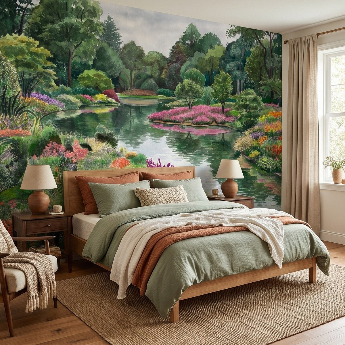 Colorful Flower Garden Pond Lush Green Trees Pink Purple Wildflowers Tranquil Lake Watercolor Landscape Wall Mural