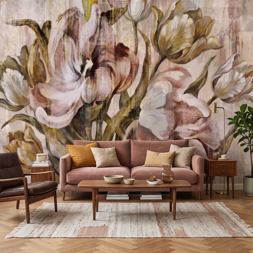 Painterly tulip floral wall mural with soft blush and olive blooms and leafy stems