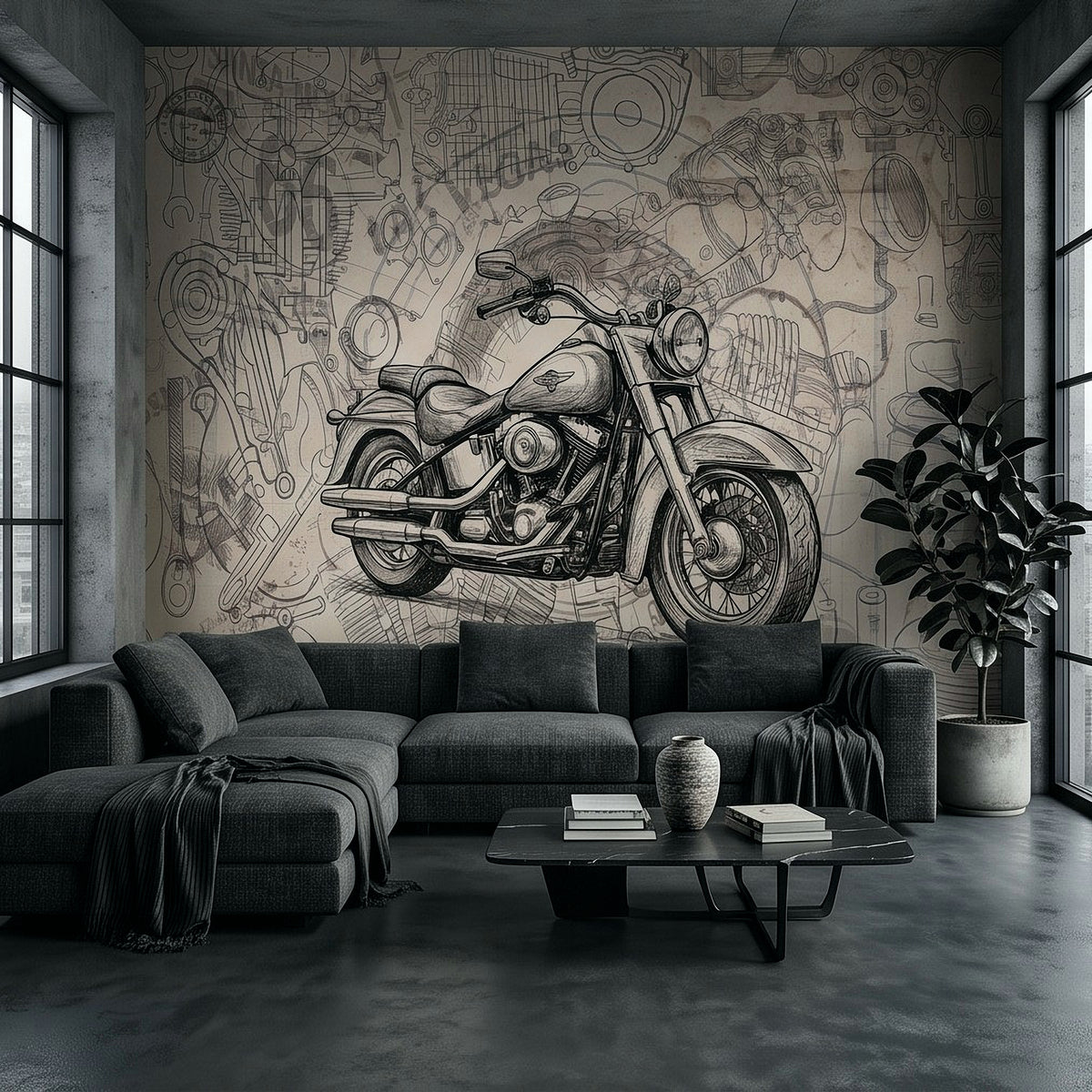Motorcycle wall mural featuring vintage bike blueprint line art on interior wall