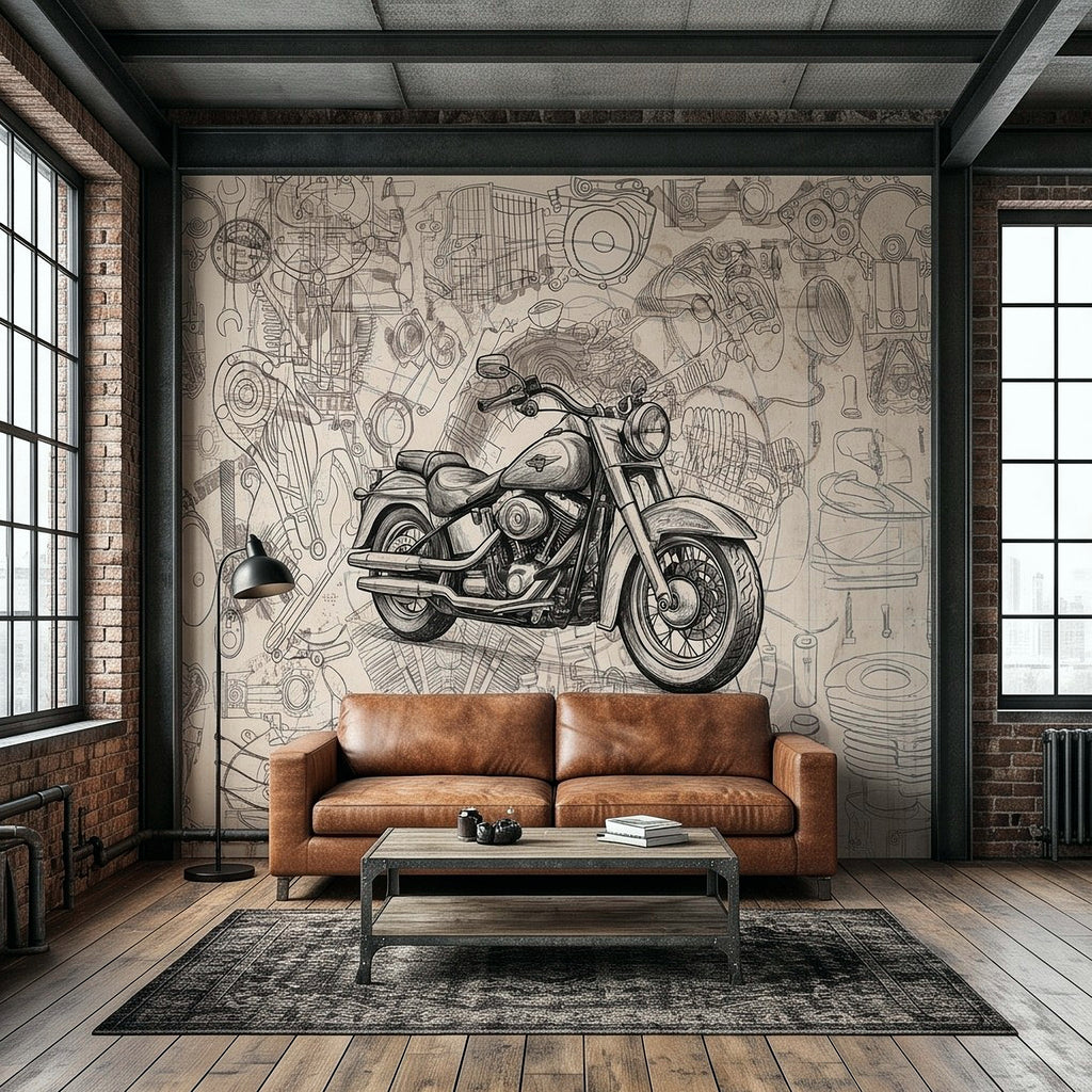 Vintage motorcycle wall mural showing a cruiser bike in blueprint line drawing style