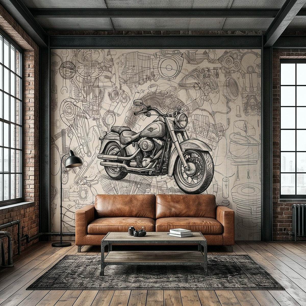 Vintage motorcycle wall mural showing a cruiser bike in blueprint line drawing style