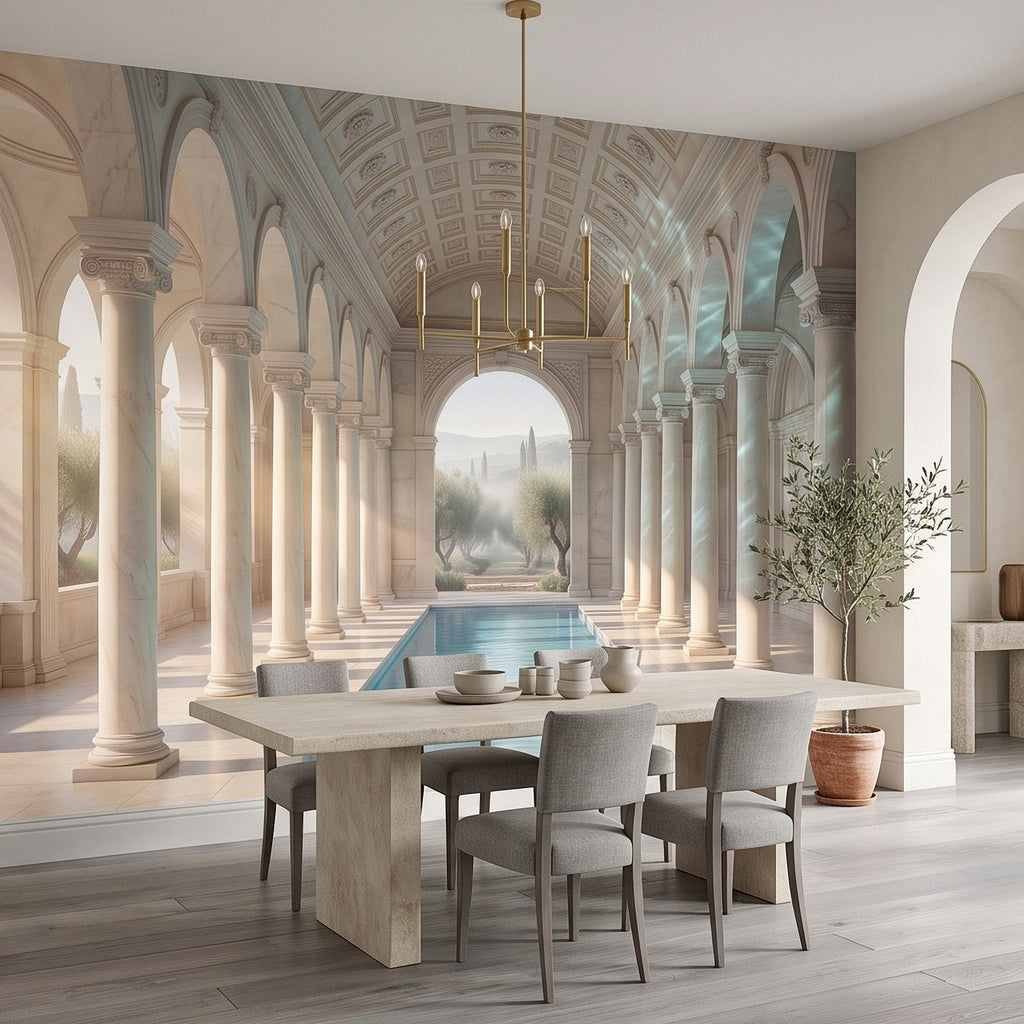 Mediterranean arch corridor mural with columns and a blue indoor pool