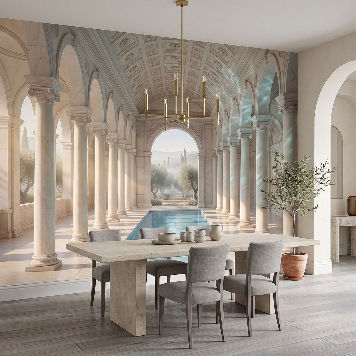 Mediterranean arch corridor mural with columns and a blue indoor pool