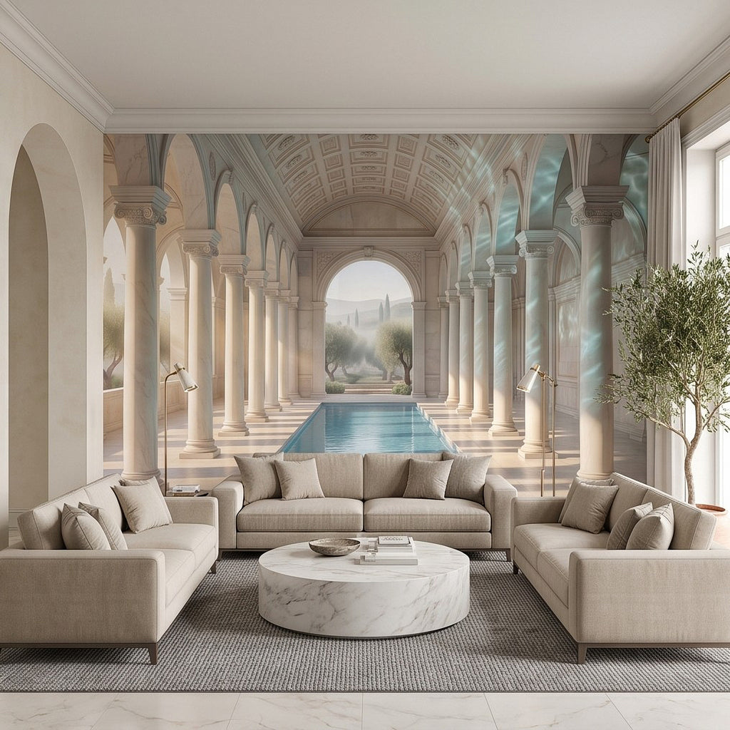 Living room scene with mural arches, pale columns, and blue indoor pool