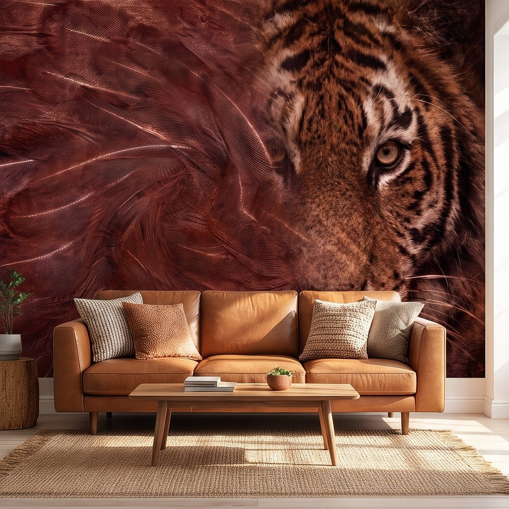 Tiger face mural with swirling feather texture in warm brown above orange sofa