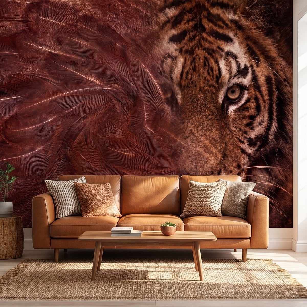 Tiger face mural with swirling feather texture in warm brown above orange sofa
