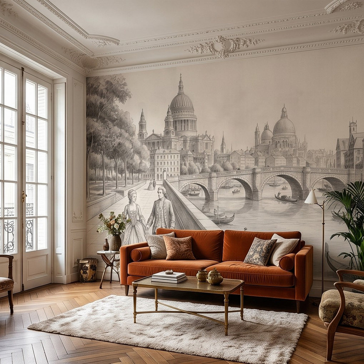 Wall mural with monochrome London domes and arched bridge over water, boats and figures