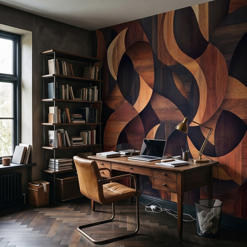 Wood grain abstract geometric wall mural with dark walnut and tan curved forms
