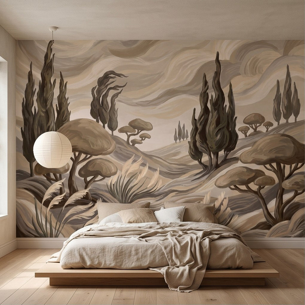 Abstract neutral landscape wall mural with tall cypress trees, hills, and layered plants