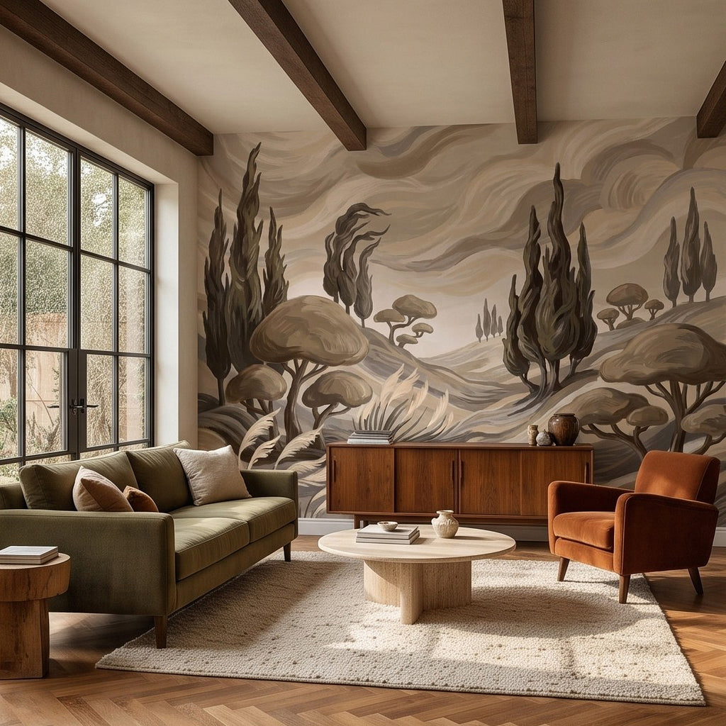 Abstract neutral landscape wall mural with cypress trees, rounded hills, and flowing lines