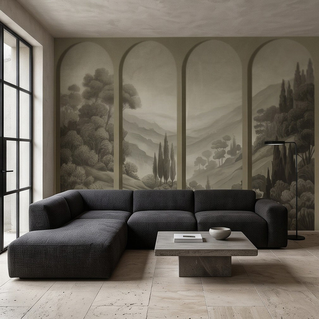 Arched countryside landscape wall mural behind a dark sectional sofa