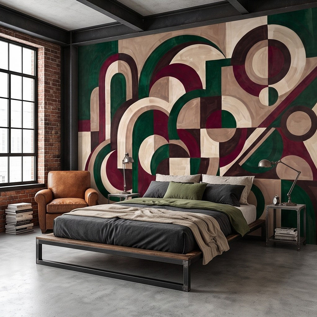 Colorful abstract arches wall mural with circles in burgundy, emerald green, and cream