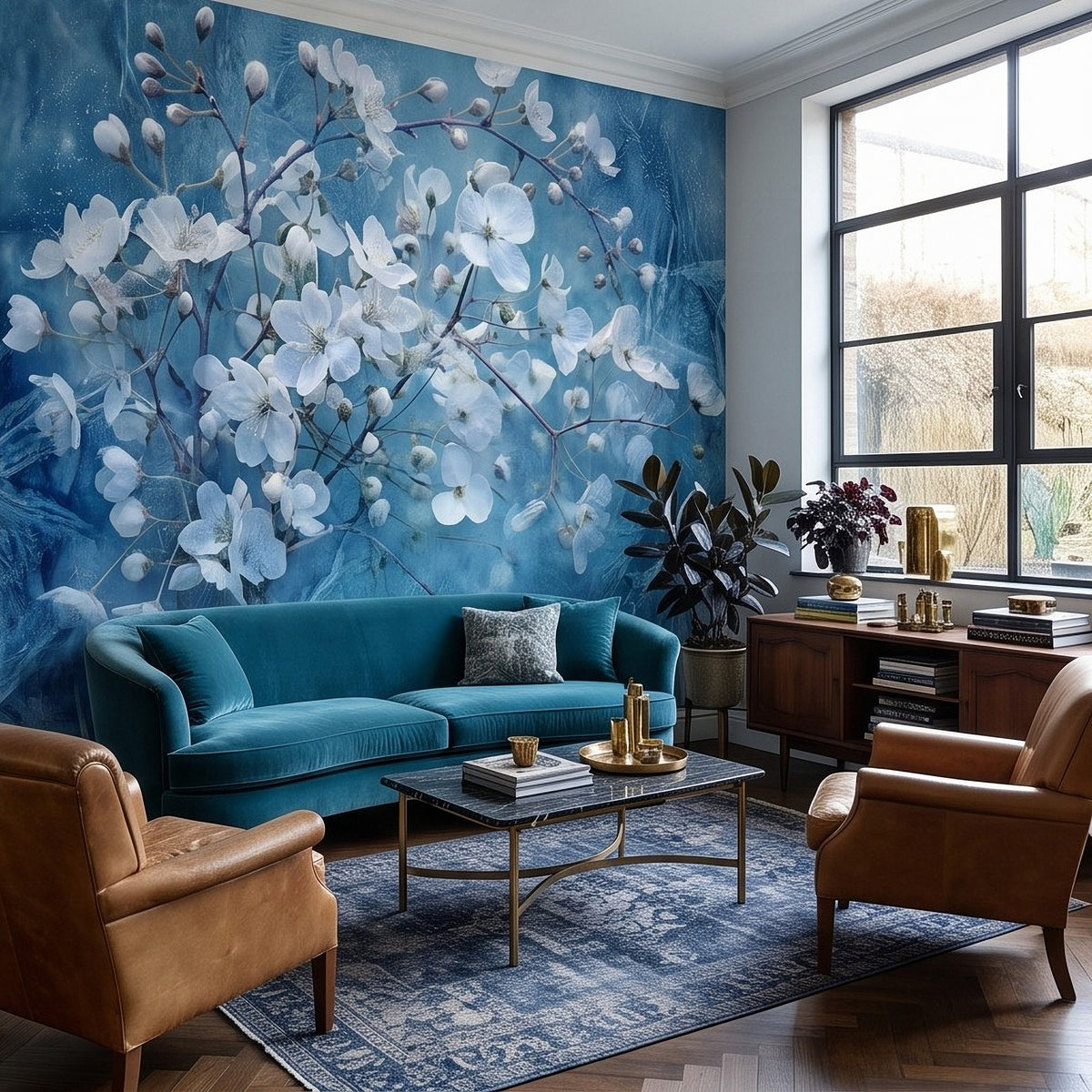 Blue cherry blossom wall mural with white blossoms and branching stems