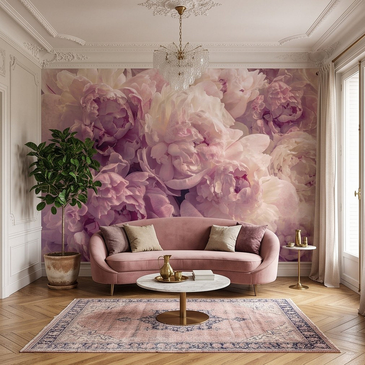 Peony flower wall mural with pastel pink and lilac petals in a full wall pattern