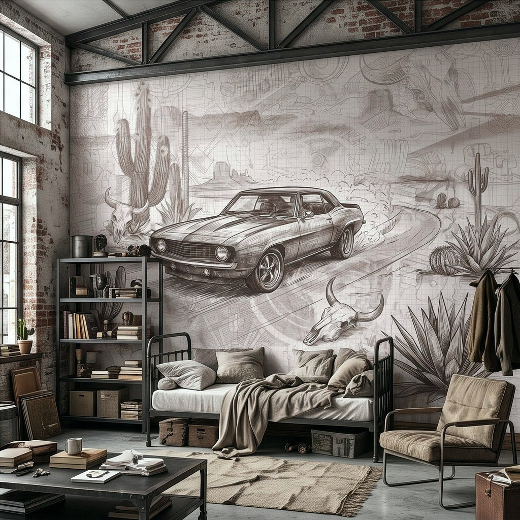 Wall mural with vintage muscle car sketch, desert cacti, and winding desert path