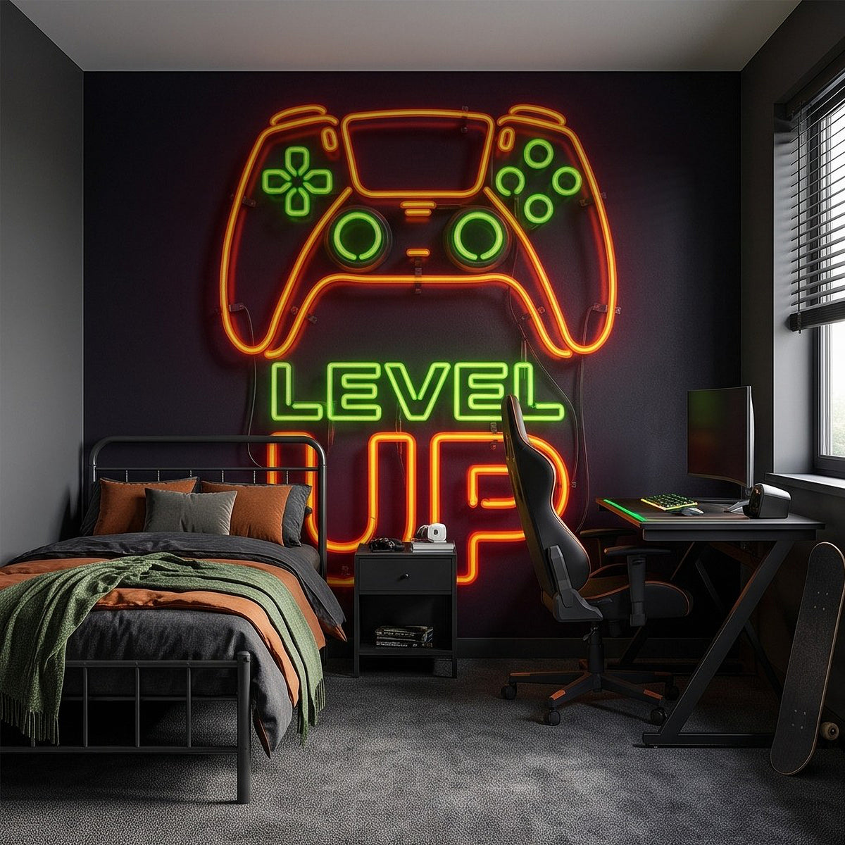 Level Up Gaming Neon Orange Green Glowing Controller Gamer Setup Arcade Sign Dark Background Esports Wall Mural