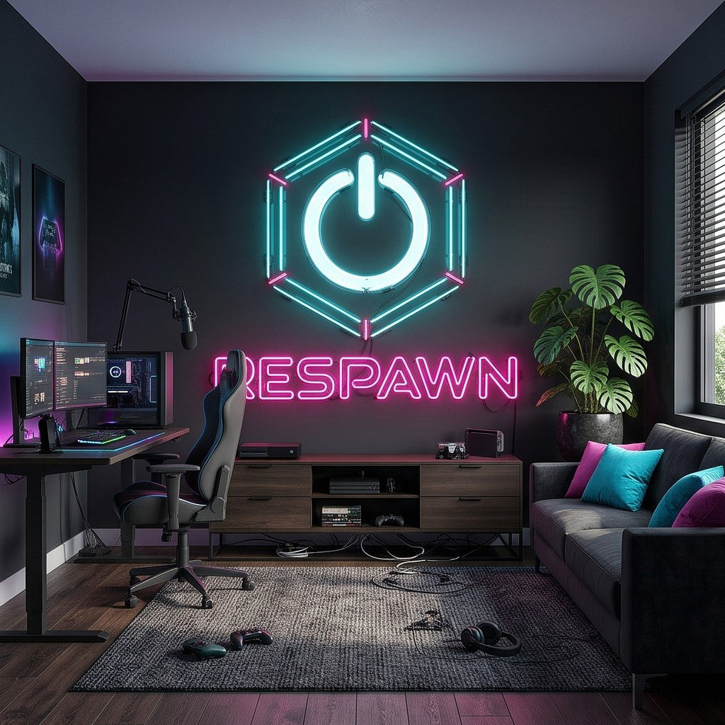 Neon gaming wall mural with bright hexagon power icon above 'RESPAWN'