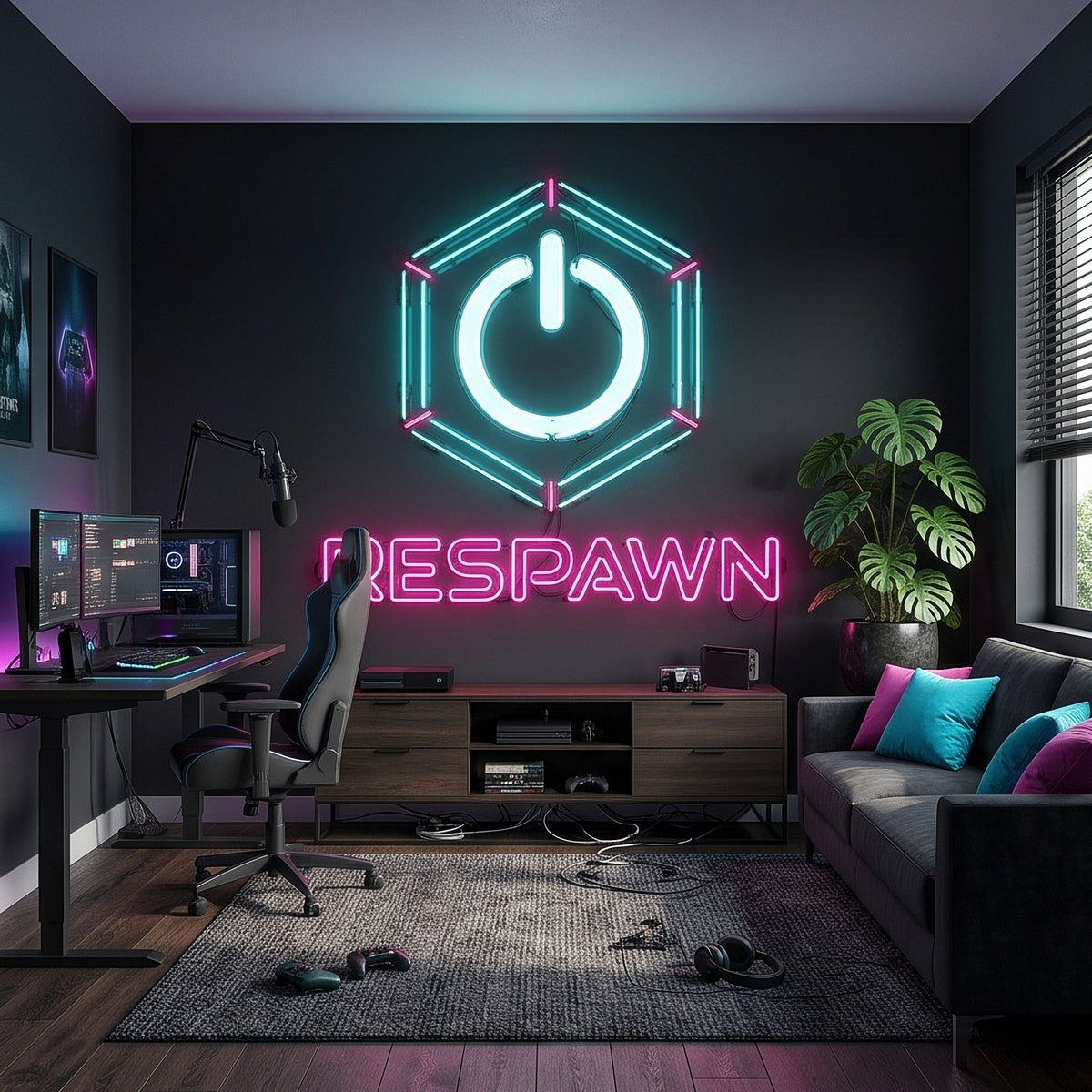 Neon gaming wall mural with bright hexagon power icon above 'RESPAWN'