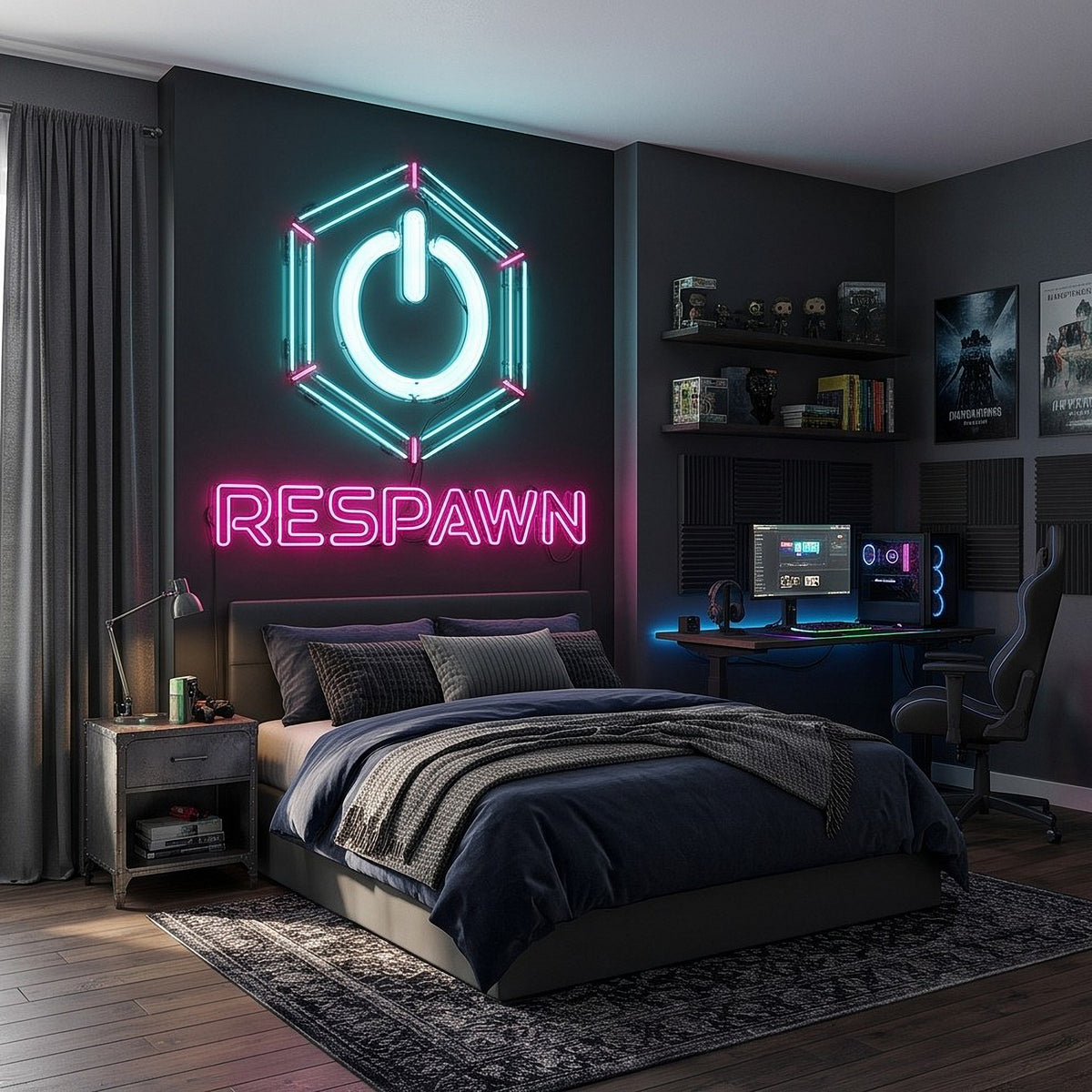 Glowing hexagon power icon and 'RESPAWN' neon gaming wall mural behind bed