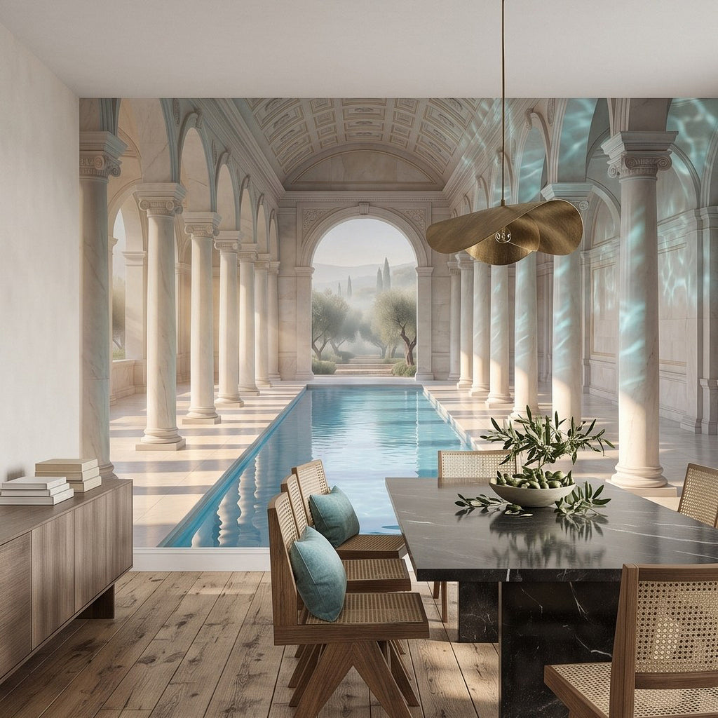 Wall mural showing white columns, arched hallway, and a blue rectangular pool