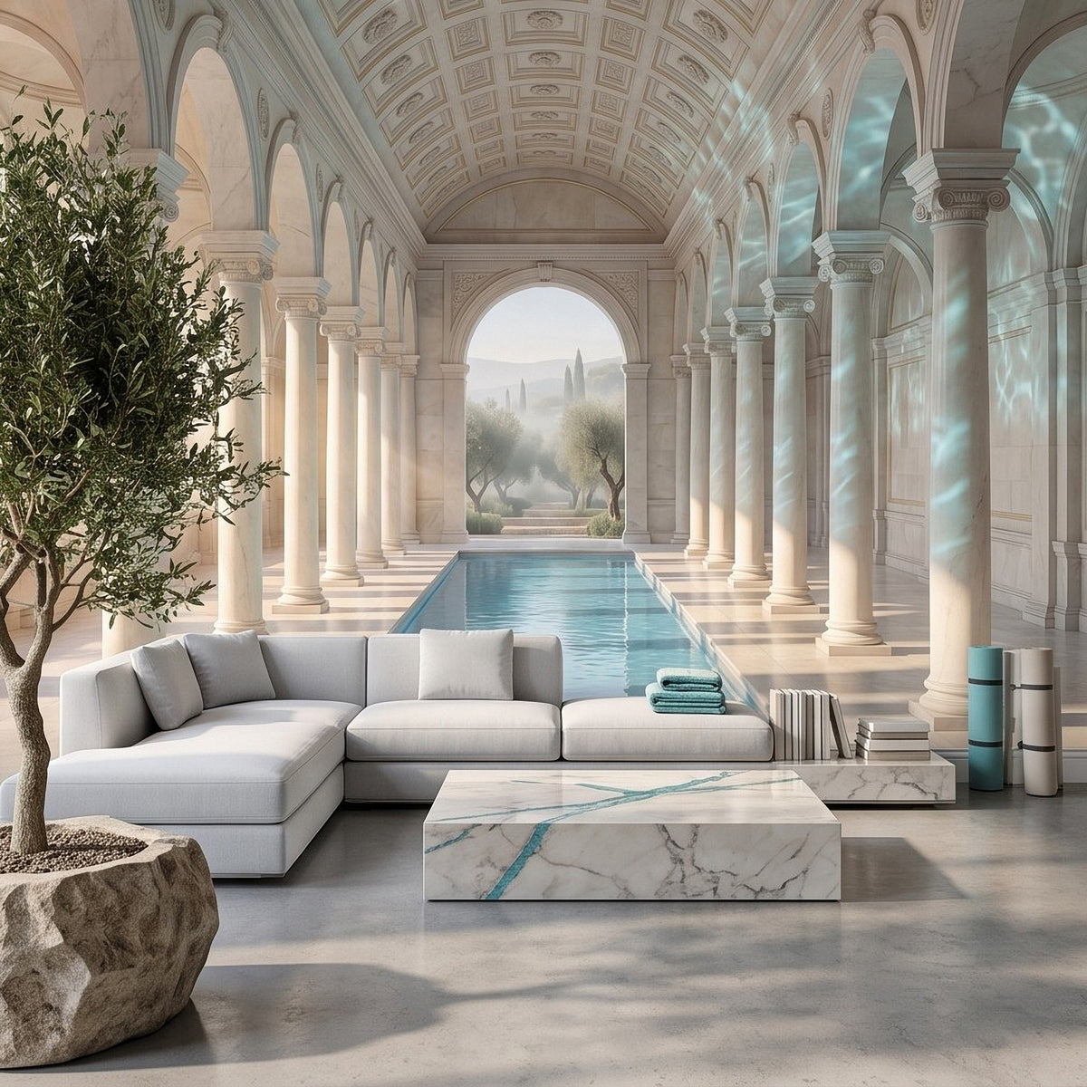 Mediterranean wall mural with arcade arches, pool, and indoor lounge sofa