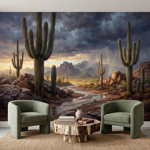 Desert wall mural with saguaro cacti along a winding road under storm clouds